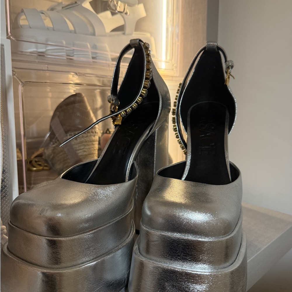 Versace Silver Metallic Platform Pumps with Embellished Ankle Strap